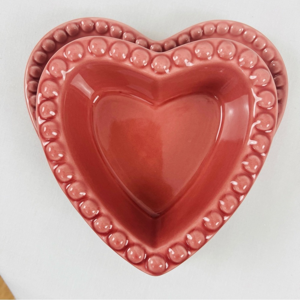 Retired Williams Sonoma Ramekins Heart Shape Beaded Plate Trinket Red Dessert